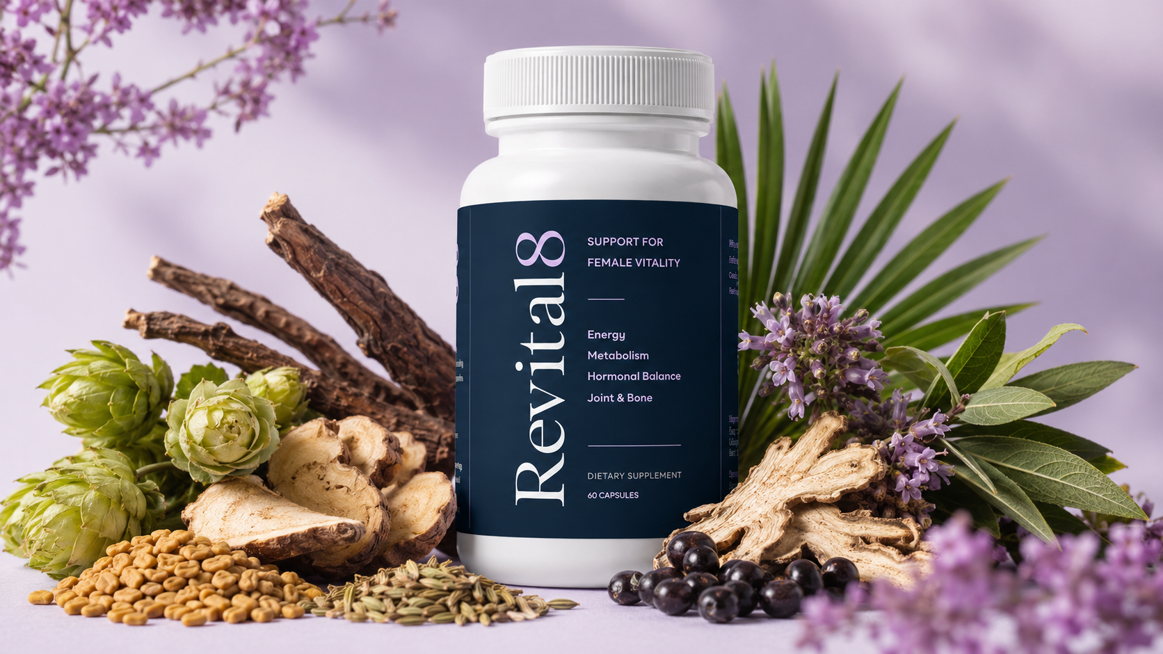 Revital8 product hero shot with botanicals